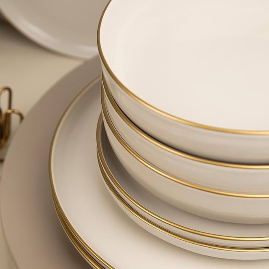 Delicia Porcelain 24 Piece Gold Line ivory Porcelain Dinner Set cope