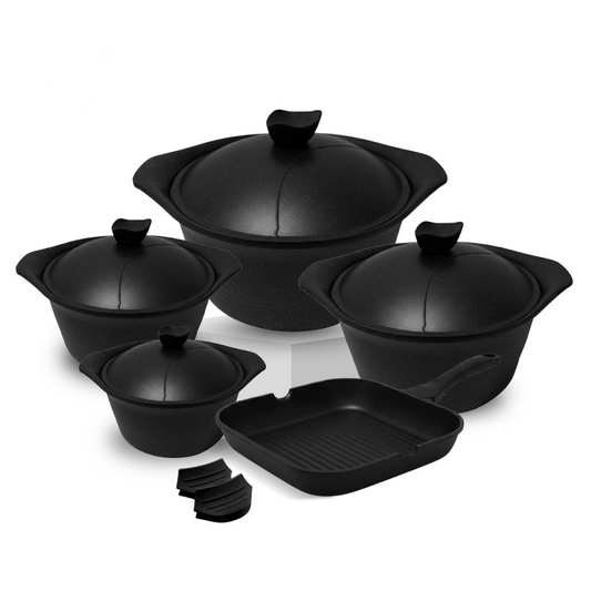 AAone 11pcs Granite Cookware Set, 4 Pots 18-20-24-28 +  Grill  28 cm + 2 Masek
