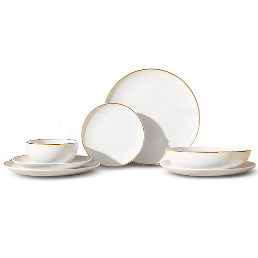 Delicia Porcelain 24 Piece Gold Line ivory Porcelain Dinner Set cope