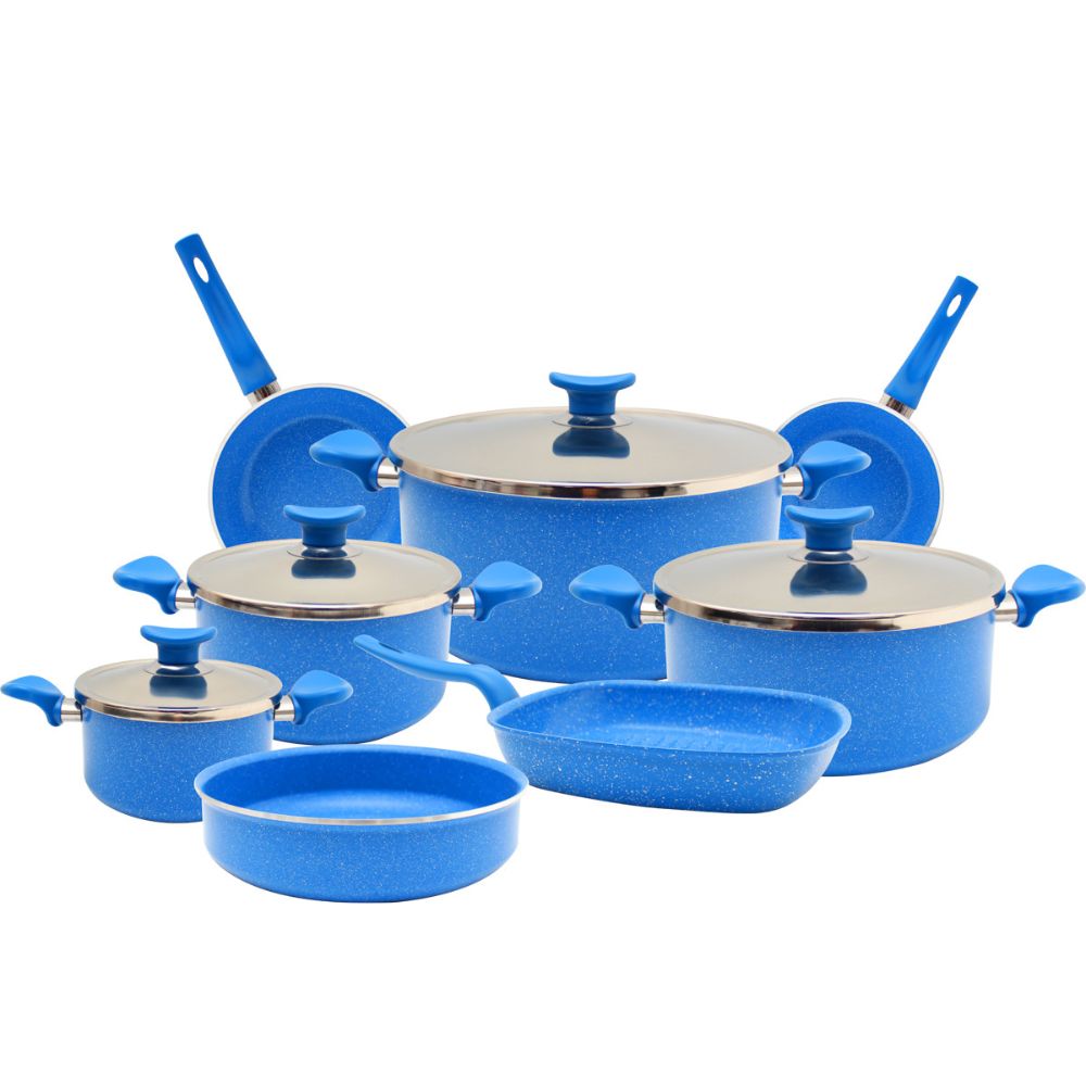 AAone Classic 4mm 12 Pcs Granite Stock Pot 16,18,20+ Fry pan 20,26+Oven Tray28 Cm+ Grill 26 Cm Blue ARE