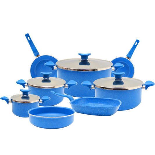 AAone Classic 4mm 12 Pcs Granite Stock Pot 16,18,20+ Fry pan 20,26+Oven Tray28 Cm+ Grill 26 Cm Blue ARE