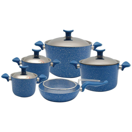 AAone Elegance 10 Pcs Granite Set Turkish Model Stock Pot 18,20,24,28 + Fry Pan26 Cm + Oil Strainer Blue ARE