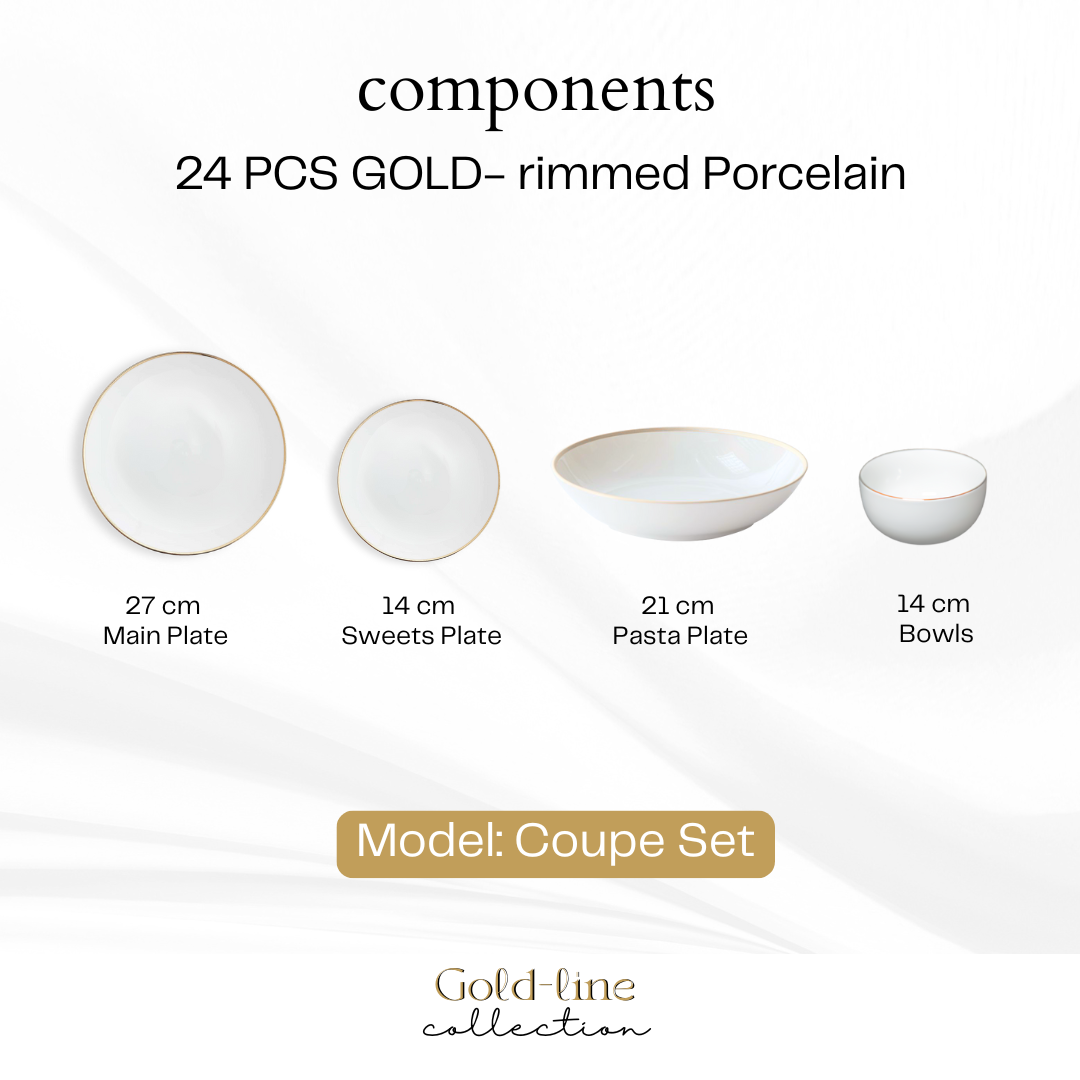 Delicia Porcelain 24 Piece Gold Line ivory Porcelain Dinner Set cope