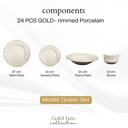 Delicia Porcelain 24 Piece Gold Line Ivory Dinner Set Queen