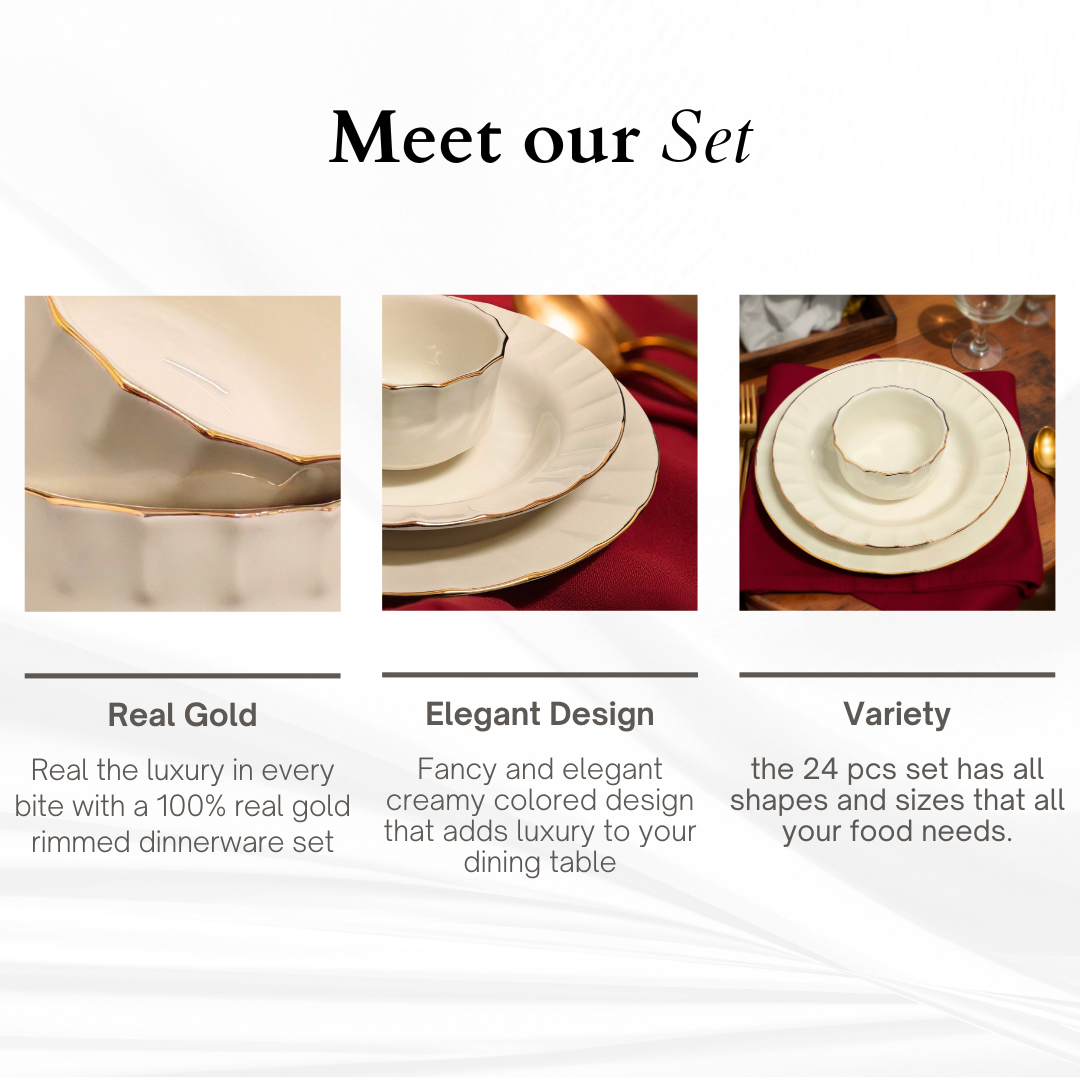 Delicia Porcelain 24 Piece Gold Line Ivory Dinner Set Queen