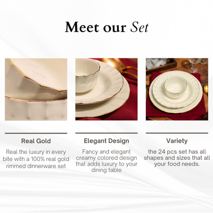 Delicia Porcelain 24 Piece Gold Line Ivory Dinner Set Queen