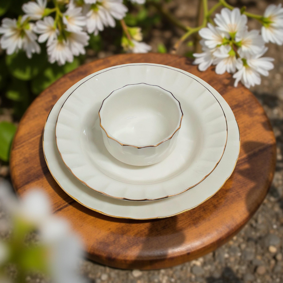Delicia Porcelain 24 Piece Gold Line Ivory Dinner Set Queen