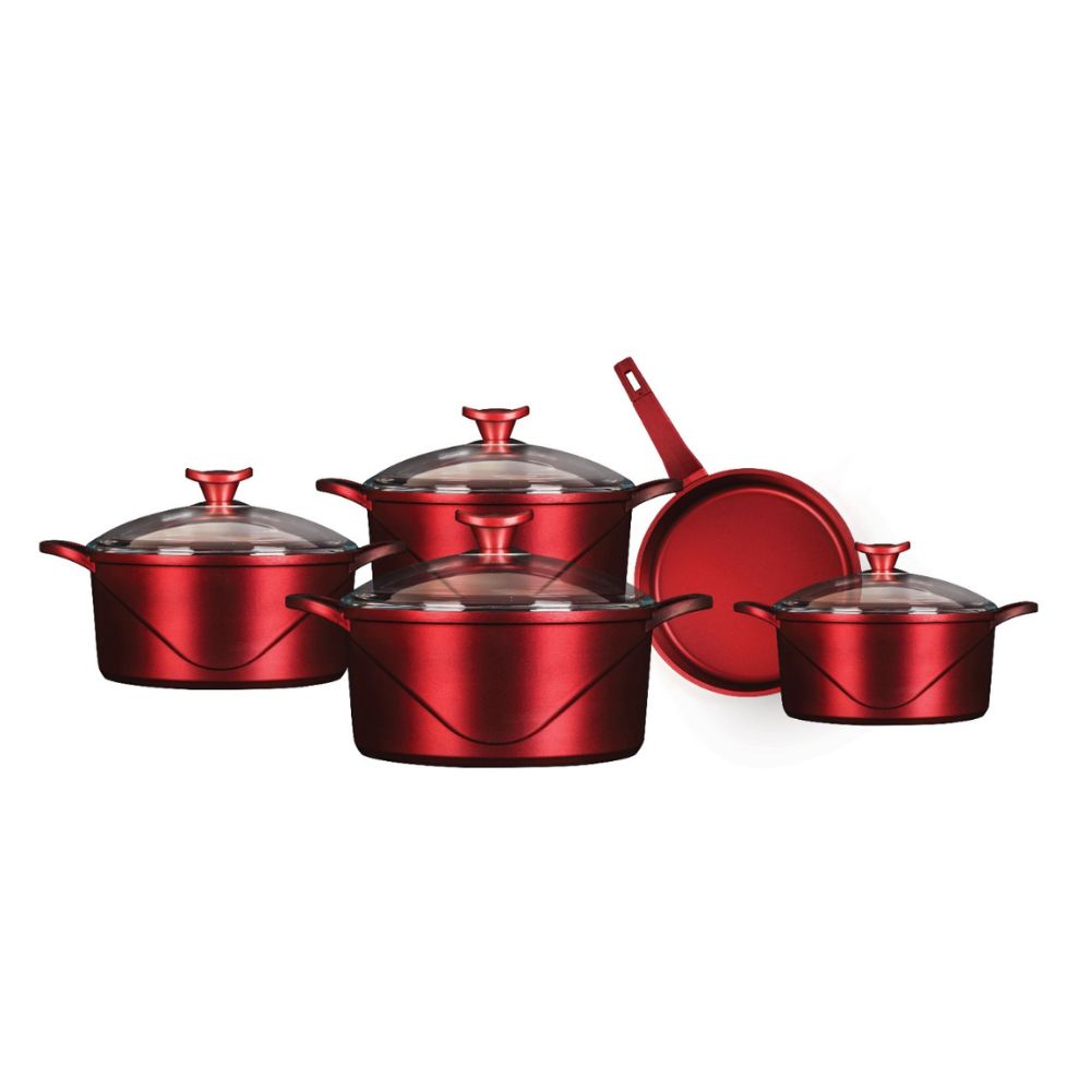 AAone Family 9 Set Titanium  die cast 4 pots (18-20-24- 28)+fry pan 28 , Red