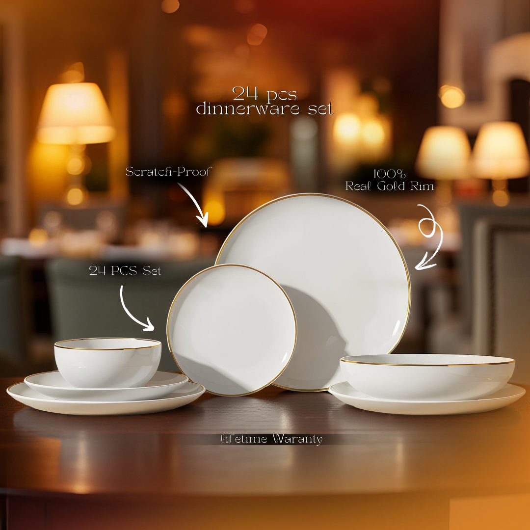 Delicia Porcelain 24 Piece Gold Line ivory Porcelain Dinner Set cope