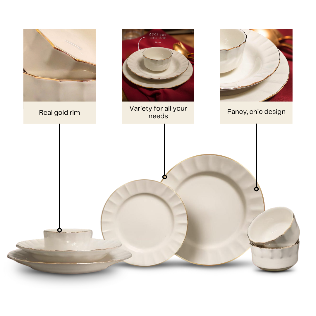 Delicia Porcelain 24 Piece Gold Line Ivory Dinner Set Queen